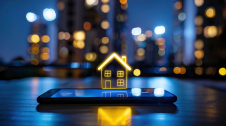 A smartphone displays a glowing house icon, symbolizing smart home technology, set against a vibrant urban night backdrop filled with colorful lights.の素材