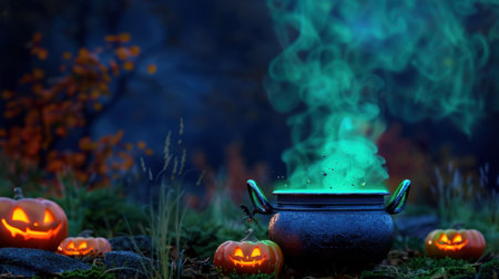 A captivating Halloween scene featuring a bubbling cauldron with colorful smoke amidst carved pumpkins, creating a mysterious and enchanting atmosphere at night.の素材