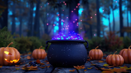A captivating scene featuring an enchanting cauldron surrounded by glowing pumpkins under a twilight sky, creating a magical and festive autumn atmosphere perfect for Halloween.の素材