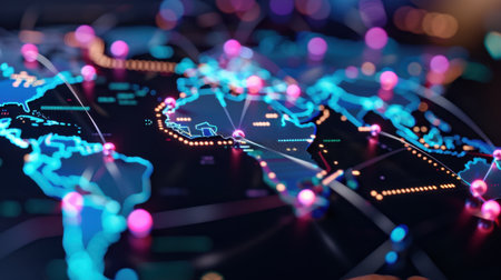 Explore a vibrant digital map showcasing a global network with colorful nodes and connections, symbolizing international communication and data exchange in modern technology.の素材