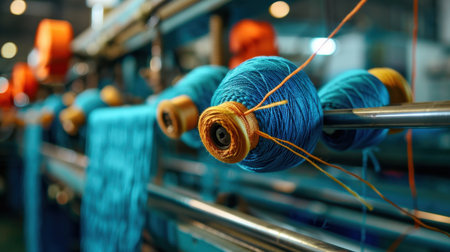 Close-up view of vibrant blue yarn spools on textile machinery, highlighting the intricate details and colors in a lively manufacturing environment. Perfect for craft and industry themes.の素材