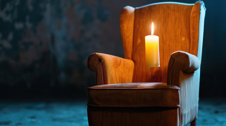 A cozy vintage armchair with a flickering candle in a dimly lit room creates an inviting atmosphere for relaxation and reflection, emphasizing warmth and serenity.の素材