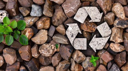 This image features a pile of natural stones alongside green plants, with a recycling symbol displayed, highlighting the importance of sustainability and environmental awareness.の素材