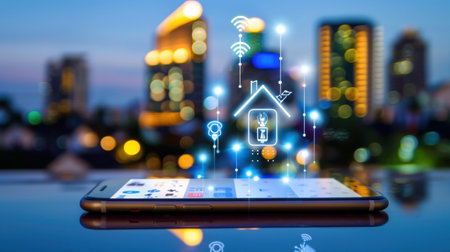 A smartphone showcases a smart home interface with wireless connectivity icons, set against a vibrant urban skyline at night, symbolizing modern technology integration.の素材