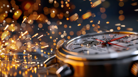 This close-up image captures a luxury chronograph watch highlighted by sparkling bokeh, showcasing its precision and elegance in a stylish modern environment.の素材
