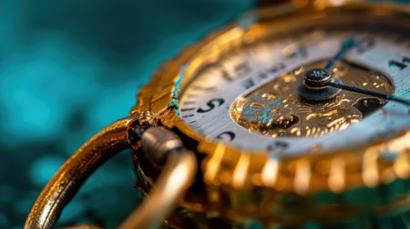This image showcases a close-up of an antique gold pocket watch, highlighting intricate details and textures against a shimmering backdrop, perfect for vintage-themed projects.の素材