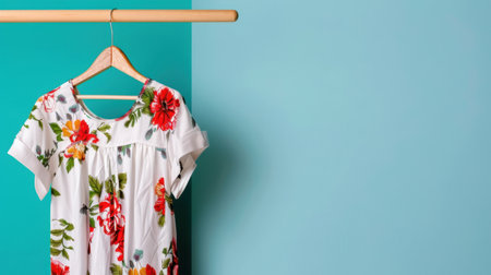 A beautiful floral printed dress elegantly hangs on a wooden hanger, against a bright turquoise wall, showcasing vibrant colors and stylish design perfect for summer fashion.の素材