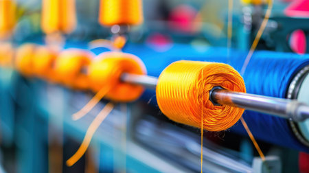 A vibrant close-up of colorful spools of thread on a textile production machine, showcasing the intricate details and colors of textile manufacturing in an industrial setting.の素材
