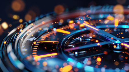 A stunning close-up photograph of a watch face that highlights intricate design elements with blue and orange accents, creating an elegant and luxurious visual experience.の素材