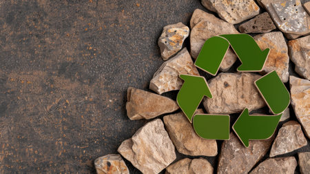 Illustrative image of a green recycling symbol placed on a bed of natural stones, representing sustainability and environmental awareness in a rustic setting. Perfect for eco-conscious projects.の素材