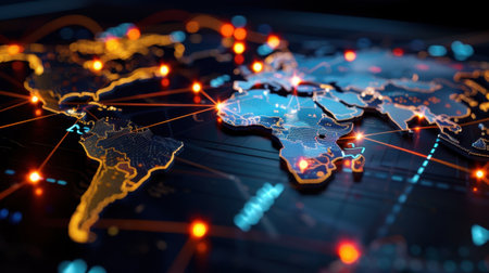A vibrant illustration showing a global network connection on a geographical map, featuring bright data points and lines that represent modern communication and technological innovation.の素材