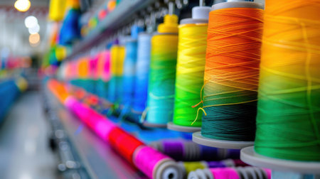A beautiful display of colorful spools of thread in a textile workshop, perfect for showcasing creativity and artistry in sewing and crafting projects.の素材