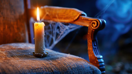A flickering candle rests on an antique chair, enveloped in shadows and spider webs, creating an eerie yet warm atmosphere perfect for Halloween or cozy settings.の素材