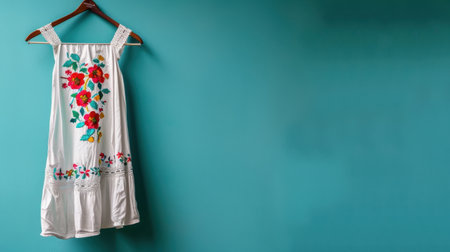 A beautiful white dress adorned with vibrant floral embroidery, elegantly displayed against a turquoise wall, perfect for fashion enthusiasts and textile art lovers.の素材