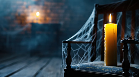 A haunting scene of a lit candle surrounded by cobwebs in an abandoned room, creating an eerie atmosphere perfect for Halloween or spooky storytelling.の素材