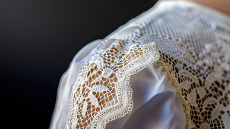 A detailed close-up view showcasing the intricacies of lace on smooth fabric. The soft lighting highlights the elegant design and craftsmanship of a stylish garment.の素材