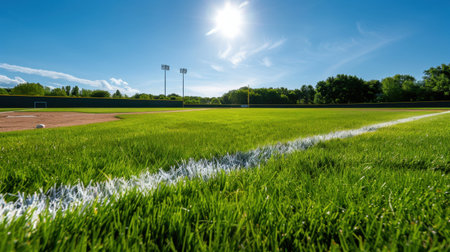 A stunning view of a baseball field showcases lush grass and clear blue skies, creating a perfect setting for outdoor sports and leisure activities. Ideal for summer enjoyment.の素材