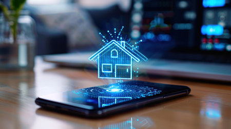 A smartphone displays a holographic house icon, symbolizing innovative smart home technology in a sleek modern office space, showcasing digital convenience and connectivity.の素材