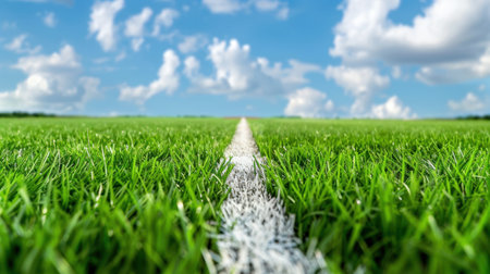 A vibrant green grass field defines an open space under a bright blue sky with fluffy clouds, showcasing a white line marking suitable for various sports activities.の素材