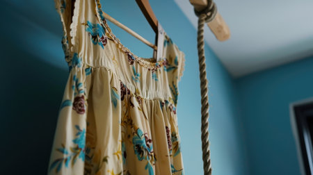 A beautiful floral dress elegantly hanging on a clothesline, set against a soft blue wall, perfect for showcasing fashion design and home decor aesthetics.の素材