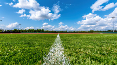 A stunning view of a baseball field showcasing lush green grass under a vibrant blue sky filled with fluffy white clouds, ideal for sports, relaxation, and outdoor activities.の素材