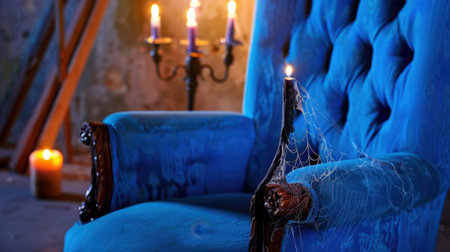 A captivating blue armchair adorned with cobwebs and surrounded by flickering candles creates a thrilling atmosphere for Halloween or spooky-themed photography.の素材