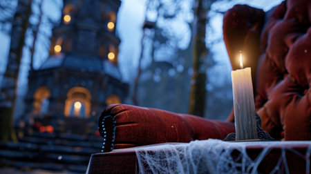 A cozy armchair sits beside a glowing candle in a mysterious forest setting. A foggy tower looms in the background, creating an enchanting and eerie atmosphere. Perfect for storytelling.の素材