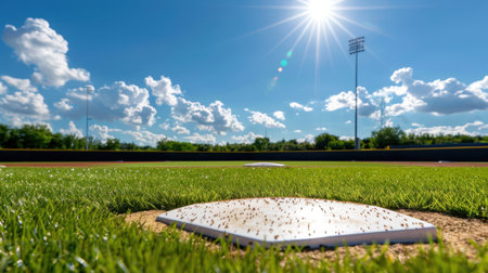Captivating image of a baseball field showcasing home plate on a sunny day with a stunning blue sky and fluffy clouds, inviting outdoor recreation and sporting fun.の素材