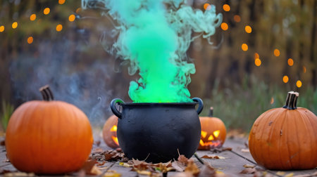 A captivating scene featuring a black cauldron emitting green smoke, flanked by carved pumpkins and autumn leaves, creating an enchanting Halloween atmosphere.の素材