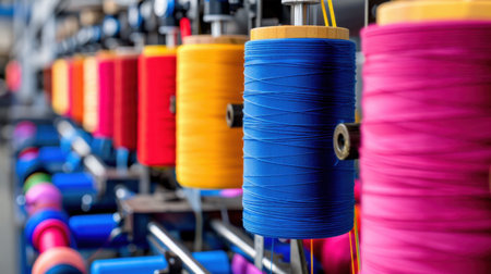 A closeup view of colorful spools of thread in a row on a sewing machine, showcasing a vibrant array of textile materials perfect for crafting and design projects.の素材