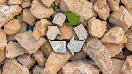 A striking image featuring a recycling symbol in green over a backdrop of textured natural stone, illustrating the importance of sustainable practices for a healthier planet.の素材