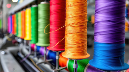 Close view of colorful spools of thread in various shades arranged in a workshop, perfect for sewing, crafting, and creative textile projects.の素材