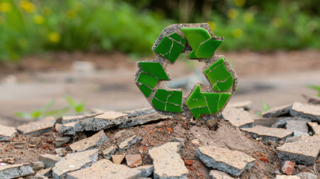 A broken tiles and shattered glass form a vibrant green recycling symbol, highlighting themes of sustainability amidst a degraded landscape intertwined with nature.の素材