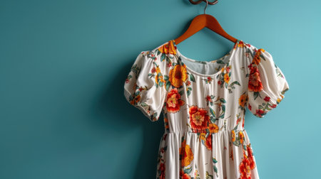 A beautiful white dress adorned with vibrant floral patterns hangs against a bright blue wall, perfect for fashion photography that captures style and elegance in a modern aesthetic.の素材