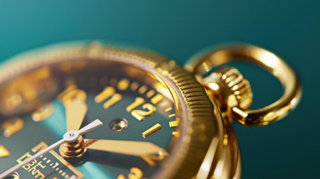 This captivating close-up showcases a vintage gold pocket watch, featuring exquisite details and a rich green background, highlighting its luxurious design and craftsmanship.の素材