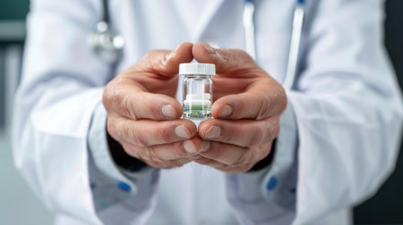 A medical professional displays a glass vial of medication, emphasizing care and trust in a clinical environment. Perfect for healthcare-related topics and medical imagery.の素材
