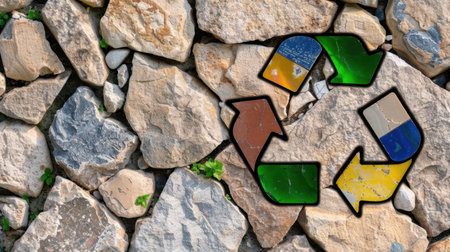 An eco-friendly recycling symbol stands out against a backdrop of textured natural stones, illustrating the importance of sustainability and responsible waste management practices in nature.の素材