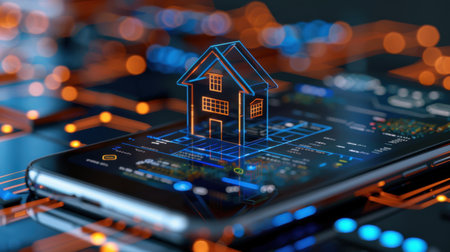 A modern smartphone displays a 3D house model on a digital interface, showcasing data analysis and circuit designs, symbolizing innovation in real estate technology.の素材