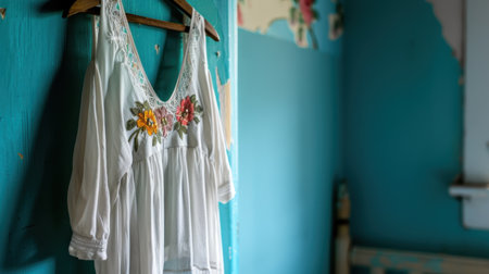A charming white blouse adorned with colorful embroidery hangs elegantly against a vibrant turquoise wall, capturing the essence of vintage style and artistic flair in a cozy room.の素材