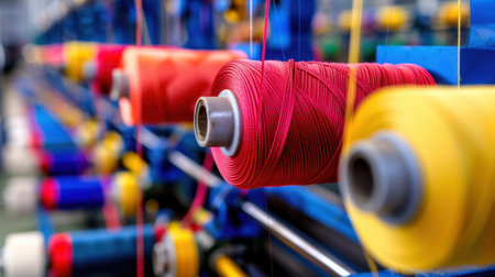 Close-up view of vibrant spools of thread in a textile factory, highlighting the colorful array and intricate machinery used in the fabric production process.の素材