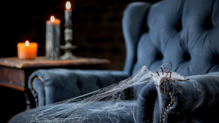 An antique chair adorned with delicate spider webs and flickering candles conveys a mysterious and spooky ambiance, making it a perfect backdrop for Halloween-themed imagery.の素材