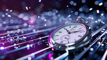 A stunning pocket watch lies amidst colorful light trails, illustrating the blend of classic timekeeping and modern artistic expression in a visually captivating composition.の素材