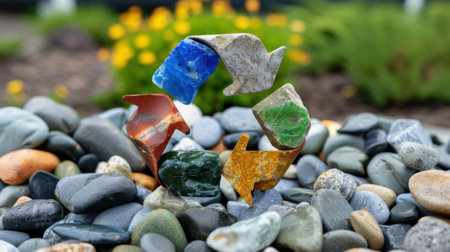 A striking arrangement of colorful stone arrows amidst smooth pebbles and blooming flowers, symbolizing recycling and the beauty of nature in an artistic display.の素材