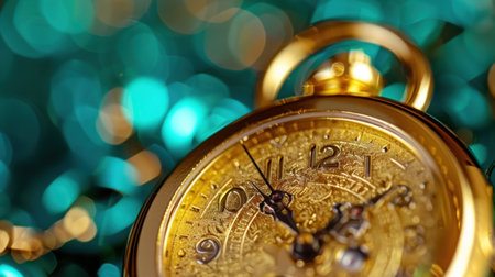 A stunning close-up of a gold pocket watch featuring intricate engravings, set against a beautiful bokeh backdrop in turquoise hues, evoking a sense of nostalgia and elegance.の素材