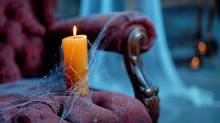 An inviting scene featuring a glowing orange candle on an antique armchair, draped with cobwebs, perfect for creating a mysterious and spooky Halloween ambiance.の素材