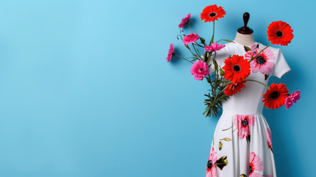 A stunning display features a bright floral dress adorned with vibrant colorful gerbera daisies against a light blue background, capturing the essence of spring and fashion.の素材