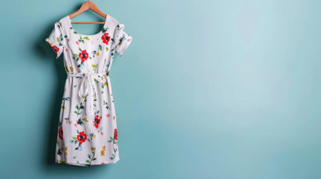 This image showcases a beautiful floral dress hanging gracefully against a pastel blue background, perfect for fashion inspiration and stylish displays in boutiques or retail settings.の素材