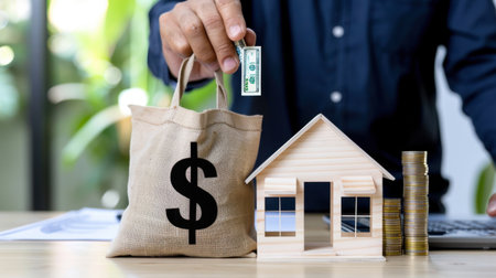 A businessman holds cash with a money bag beside a cutout of a house and stacks of coins, symbolizing real estate investment and financial planning for future success.の素材