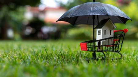 A creative composition featuring a miniature house in a shopping cart protected by an umbrella on lush grass, symbolizing housing and consumer protection in a vibrant setting.の素材