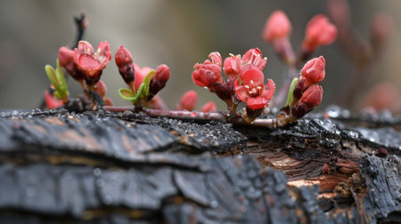 This close-up image showcases vibrant red flower buds emerging from charred wood, symbolizing nature's resilience and beauty after a fire, embodying growth and renewal.の素材